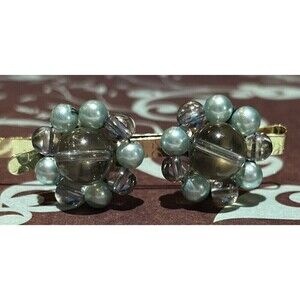 Vintage 1950s Japan Signed Blue Beaded Flower Clip On Earrings